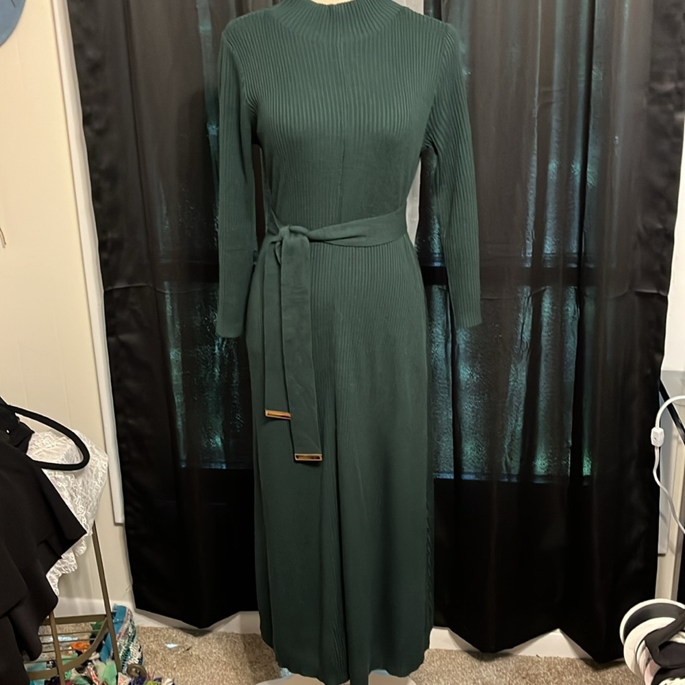 Calvin Klein Dark Green Ribbed Cowl-Neck Sweater Dress with Tie Belt